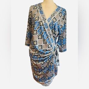 Gretchen Scott artsy retro print Blue long sleeve Wrap Dress